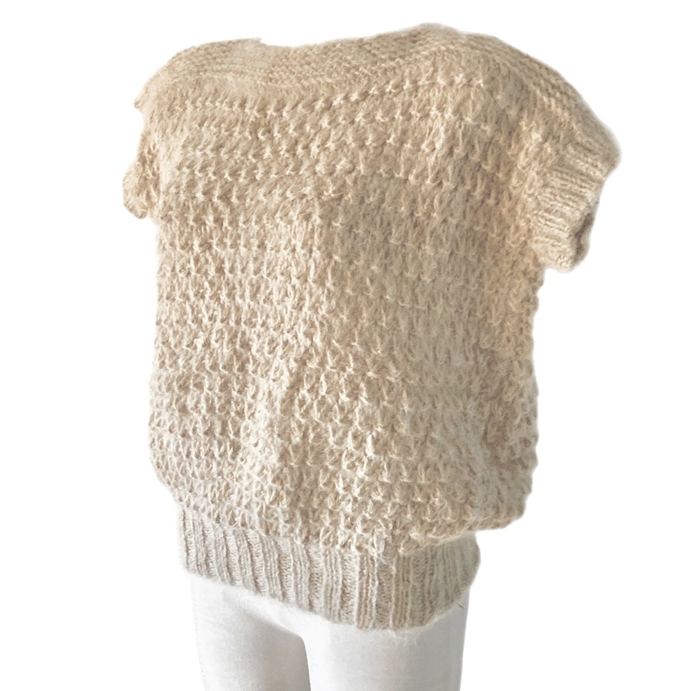 HANDMADE knitted top Beige cap sleeves waffle stitch - Picture 4 of 10